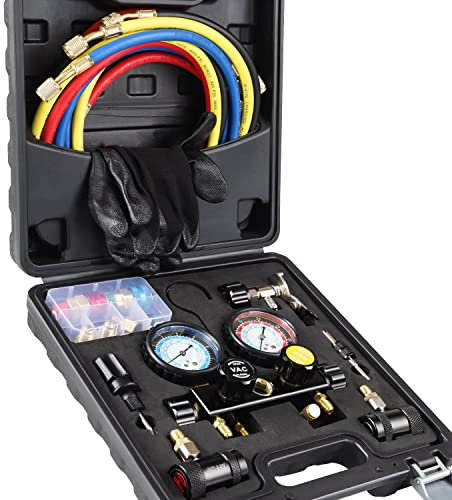 Lichamp AC R1234YF R134A Gauge Set, Automotive 4 Valve Manifold Gauge Compatible with R1234YF and R134A Refrigerants, Works on Car Freon Charging and Evacuation