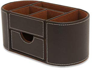 OSCO Brown Faux Leather Desk Organiser with Drawer | Desk Tidy | Pen Holder | Makeup Container | Pencil Storage | 6 Compartments | Stationery Caddy | H10 x W23 x D12 cm |