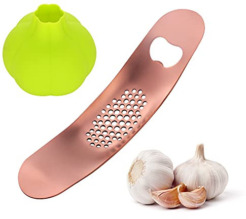 Garlic Press Garlic Crusher Premium Food Grade Stainless Steel Garlic Stainless Steel Garlic Rocker Ergonomic Handle with Bottle Opener Kitchen Aid Easy to Clean (Rose Gold)