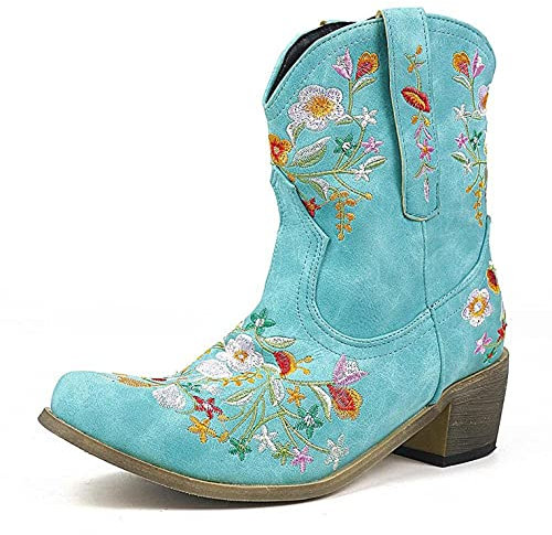 PAIDAXING Stivali da Cowboy Texani da Donna per Polpacci Grossi, con Punta Quadrata, Stile Occidentale, con Ricami Floreali, Tacco Basso, Blu, 39 EU