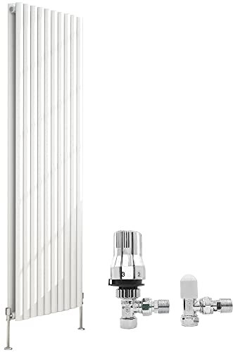 NRG 1800x590mm Vertical Oval Column Double Panel Radiator Bathroom Heater Central Heating Radiators Gloss White + Free Thermostatic Valves
