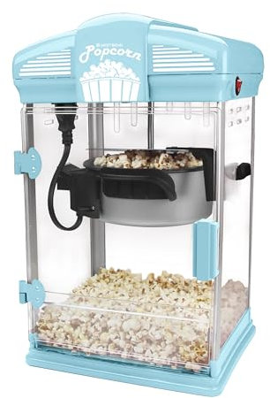West Bend Máquina de palomitas de maíz estilo teatro de aceite caliente con hervidor antiadherente, incluye herramienta de medición y cuchara para servir, 4 onzas, azul