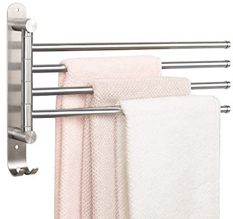 NearMoon Drehbarer Handtuchhalter, dicker SUS304 Edelstahl 4-Arm Handtuchstange, platzsparend, wandmontierter Handtuchhalter mit Haken, rostfrei, schwenkbar, für Badezimmer, Küche (gebürstetes Nickel)
