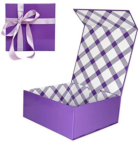 Tekhoho Lila Geschenkbox 21.5x21.5x9 cm, Premium Geschenkbox mit Magnetdeckel und Schleife für Feiertage Hochzeit Geburtstag Geschenkverpackung, Kariertes Futter