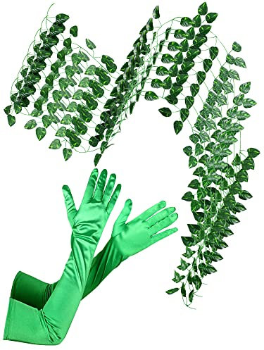 Laumoi Frauen Halloween Grün Fake Ivy Kostüm Enthalten 7 Stück Pflanzen Reben Hängende Girlande und Satinhandschuhe Grüne Handschuhe Künstliche Pflanzen für Heimdekoration Indoor, Grün