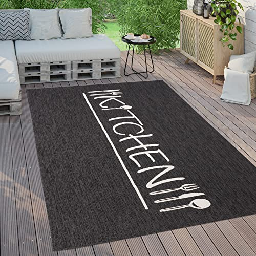 Paco Home Outdoor Teppich Wetterfest Wohnzimmer Balkon Küchenteppich Modernes Muster Mit Schriftzug, Grösse:160x220 cm, Farbe:Anthrazit 2