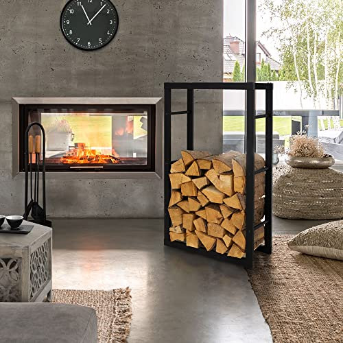 ML-Design Estantería para Leña 60x100x25 cm Negra Rectangular Metal para Exterior/Interior Soporte para Leña En Acero Revestido Leñero para Chimenea Estufa Almacenamiento De Madera Soporte Vertical