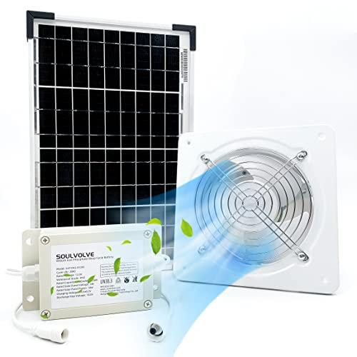 SOULVOLVE Solarpanel Abluftventilator mit Anti-Rückfluss-Rückschlagventil-Kettenschalter für Gewächshäuser, Haustierhäuser, Fensterauspuff (15.2 cm Metall, 10 W Solarpanel mit Batterie)