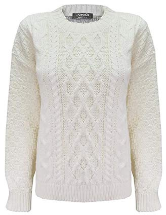 New Ladies Women Long Sleeve Knitted Cable Knit Jumper Sweater Crew Neck Pullover Top