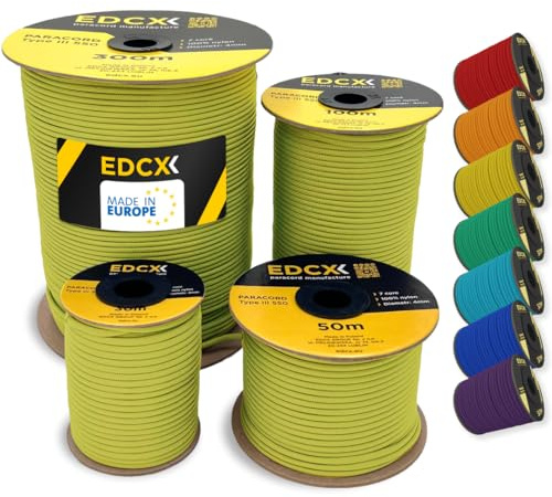 EdcX 4mm Nylon Paracord 550 30, 50, 100, 300m (100-1000 Piedi) - Tipo III, Corda 100% Nylon, Corda 7 Fili, Corda Nylon 4mm in Tinta Unita