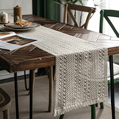 Weldomcor Makramee Tischläufer Boho Baumwollflachs Tischläufer mit Quasten, 30x240cm Rechteckige Häkelspitze Mesh Tischdecke für Küche Vintage Bauernhaus böhmische Hochzeit Tabletop Dekor