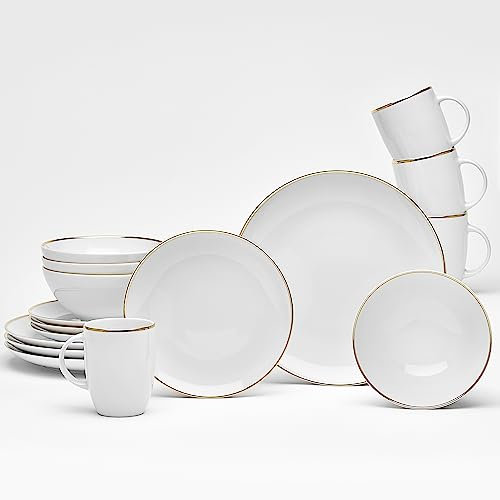 VAN WELL Vajilla Glamour White para 4 personas, 16 piezas en forma redonda, color blanco con borde dorado, porcelana, apto para lavavajillas