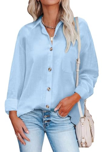 HOTOUCH Womens Blouse Casual Long Sleeve Shirt Tops V Neck Button Down Shirts Basic Loose Tunic T Shirts Sky Blue S