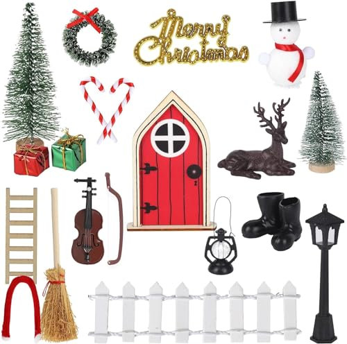 EDWINENE Wichteltür Zubehör Weihnachten Set, Nissedor Miniatur Weihnachtswichtel Tür, Holz Wichtel Tür Deko für Weihnachten