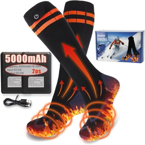 Beheizbare Socken für Männer Frauen, Elektrische Heizsocken 5V 5000mAh×2 USB Akku mit 4 Wärmeeinstellungen,Bis zu 65°C Waschbar Winter Heizsocken für für Outdoor-Arbeit Skifahren Camping