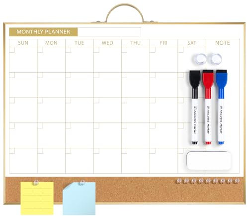Kalender-Whiteboard, trocken abwischbare Korktafel-Kombination für die Wand, 40 x 30 cm magnetische, trocken abwischbare Monatstafel, doppelseitiges Bulletin und Whiteboard, Gold