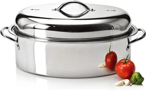 EndyAk Stainless Steel Oval Roasting Pan with Lid and Steamer Rack - Perfect Size for Turkey or Chicken Roasting and Grilling - Ideal for Home Cooking or Thanksgiving - Silver