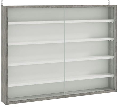 HOMCOM 5-Tier Wall Mounted Display Cabinet, Display Case with 4 Adjustable Shelves, Glass Doors for Home Office Ornaments 60x80cm, Grey Wood Grain