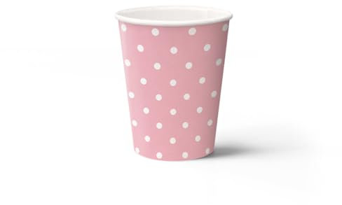 PAW - Vasos Desechables Cafe (250 ml) I Paquete de 8 I Vasos de Cartón Ideal para Bodas, Fiestas Infantiles, Cumpleaños, Celebraciones I Impresión de Vasos de Papel al Agua I Lunares Rosa Claro
