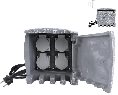 UISEBRT Gartensteckdose Steinoptik mit 4 Schutzkontakt-Steckdosen Mehrfachsteckdose Erdspieß, Steckdosenleiste Kabel 3 m, Außensteckdose IP44 Garten-Steckdose Aussen 19x18.5x18.5cm Grau