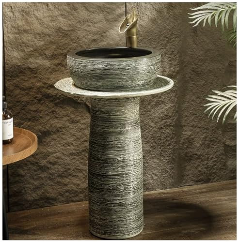 ZTGL Lavello in Ceramica retrò Art con Piedistallo, Lavandino su Piedistallo da Giardino, Pietra Imitazione Lavabo Bagno, Lavabo da Pavimento Salvaspazio per Interni ed Esterni