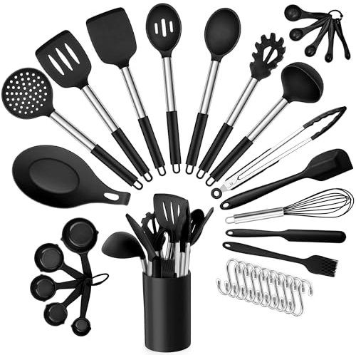 Joyfair Kitchen Utensil Set, 34 Pcs Silicone and Stainless Steel Cooking Utensils Set with Holder, Heat Resistant Kitchen Tool Accessories Include Spatulas Spoons Ladles for Non Stick Cookware, Black