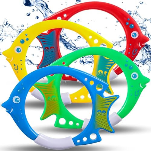 4Pcs Fish Diving Ring Toys for Kids 7-12, Underwater Training Sinkers for Swimming Pool