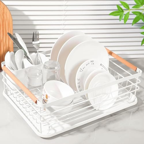 TDSYDS Dish Drainer,Draining Rack,Draining Basket with Utensil Holder with Drip Tray for Kitchen Worktop,42.5x32x15cm,Kitchen Utensil Storage(white