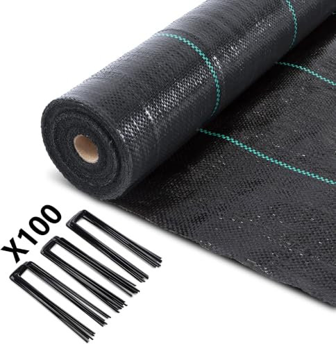 vounot® Toile de Paillage avec 100pcs de Piquets Contre Les Mauvais Herbes 50Mx1M en Fibres de Polypropylène Tissées Anti-UV 100g/m2 Résistant Aux Déchirures Piquets de Fixation Fournis