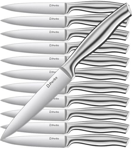 D.Perlla Steakmesser Set Edelstahl Steakbesteck Set 12-teilig Schärfer Steakmesser mit Ergonomische rutschfeste Griffe, Grillbesteck, Silber