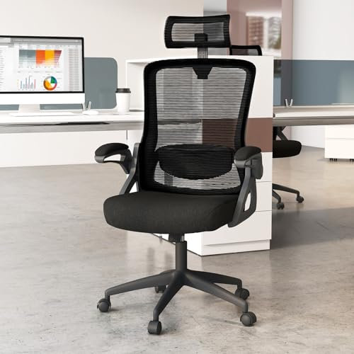 GIANTEX Ergonomischer Mesh-Bürostuhl, Chefsessel mit hochklappbaren Armlehnen, 90°-120°-Wippfunktion, Verstellbarer 2D-Lendenwirbelstütze und 2D-Kopfstütze, drehbarer Schreibtischstuhl (Schwarz)