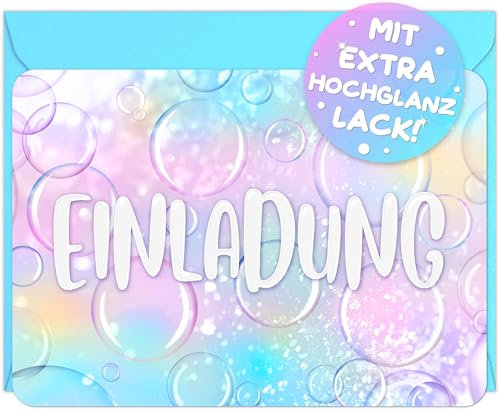 12x Seifenblasen EINLADUNGSKARTEN KINDERGEBURTSTAG Mädchen Junge + 12x Umschläge - die Bubble PARTY Karten sind die Seifenblasen EINLADUNG Kinder Jungen GEBURTSTAG Meerjungfrau EINHORN Regenbogen
