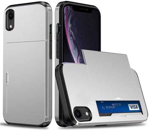 Beajew Coque Portefeuille pour iPhone XR avec Porte-Cartes, Étui de Protection Téléphone Double Couche Antichoc, Fente Cachée Coulissante, Antichoc TPU+PC Housse Portefeuille -Argent