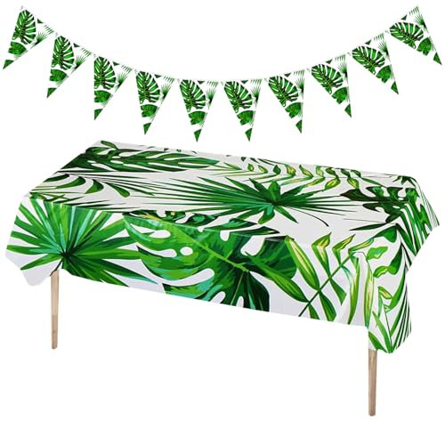 ZGDEIWGF Nappe Imprimée Feuille De Palmier 1 Pièce, Fanion 1 Pièce, Nappe À Thème Hawaïen, Nappe De Fête en Plein Air, Chemin De Table Imperméable, Décoration De Nappe, Soirées À Thème Jungle