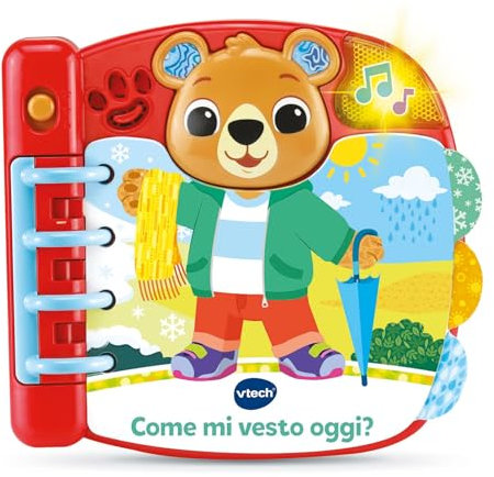 VTech Comment je m'habille aujourd'hui?, Livre Interactif et Sensoriel pour Enfants, Apprenez à associer Vêtements et Météo, Plus de 50 Mélodies Inclus, Pages Interactives, Langue Italienne, Batteries
