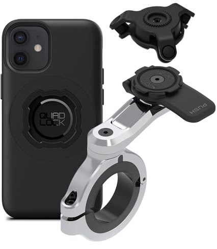 Quad Lock Motorcycle Handlebar Phone Mount PRO Chrome - Large Kit with Vibration Dampener and iPhone 12 mini MAG Case