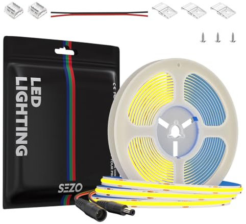SEZO 5M COB Dimmbar 3000K LED Streifen 480LEDs/m, Warmweiss Flexibel Hohe Dichte Lichtband IP30 Nicht wasserdicht LED Strip 12V 2400LEDs mit Verbinder, Stecker für DIY Dekoration