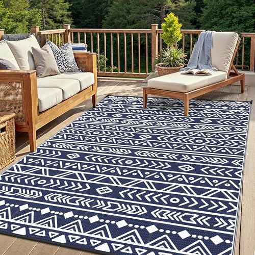 GENIMO Outdoor Teppich, 150 x 240 cm wasserdichte UV-beständigee Terrassenmatte, Wendbarer Gartenteppich für Garten, Balkon, Wohnmobil Picknick Blau Weiß