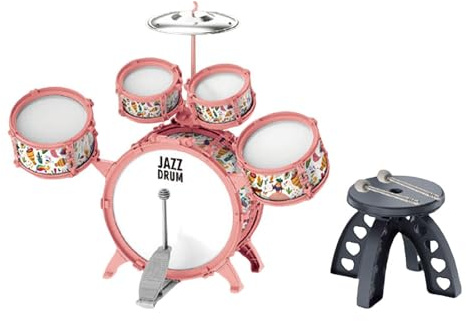 EHJRE Batteria per Bambini con Sgabello e Bacchetta, Strumento Musicale per l'apprendimento, Rosa