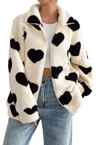 Warme Sherpa-Fleece-Jacke für Damen mit Herz-Print, Teddy-Jacke, weicher, flauschiger Mantel mit Reißverschluss