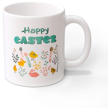 ICE TOYS Tazza in Ceramica con Design Pasquale, Decorazione con Coniglietti e Pulcini, Bianca (Pasqua 2)