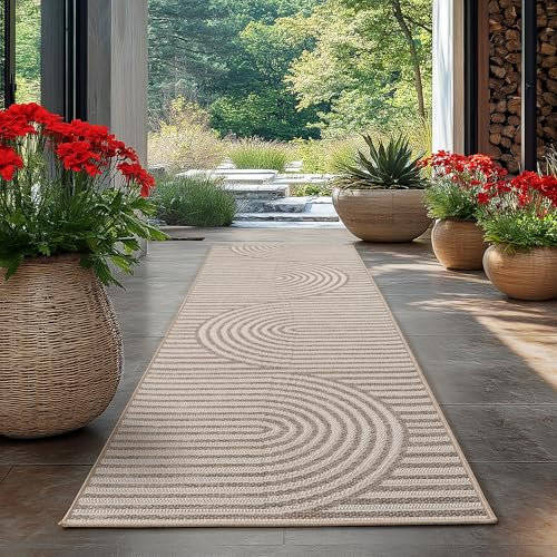 HomebyHome Outdoor Teppich Beige 80x250 cm Läufer, Wetterfest & UV-beständig, ideal für Küche, Balkon, Terrasse auch Wohnzimmer und Esszimmer, Skandinavisches Boho-Design, Leicht zu Reinigen