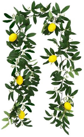 Künstliche Zitronen und Blaubeer Girlande mit Grünen Blättern - Hängende Pflanzen Früchte Beeren Kranz für Tischparty Dekoration (Grün, 1 Stück)