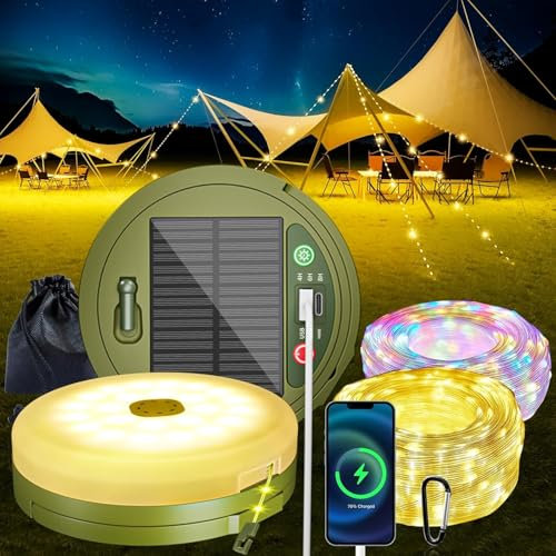 wisdom line Lampe de Camping Solaire IP65 avec Guirlande Lumineuse LED 10M, 8 Modes d'Éclairage, Rechargeable USB/Solaire, Étanche pour Extérieur (10 mètres solaire)
