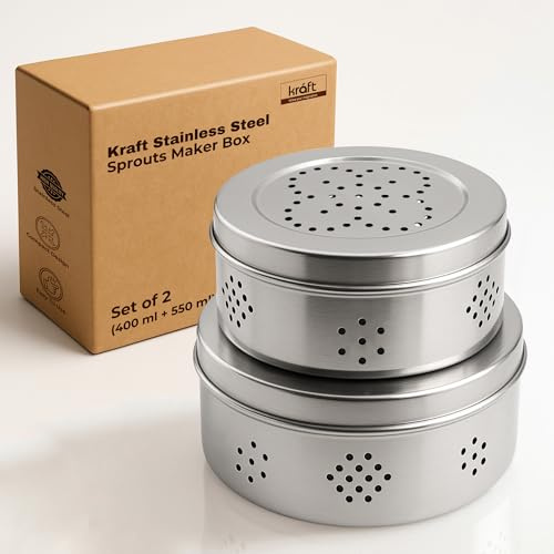 Kraft Sprouts Maker Box Stainless Steel - Set of 2 (400 ml + 550 ml), Coriander Storage Container for Fridge with Air Ventilation, Sturdy & Durable, Herbs Container, Puri Dabba - Size 7 & 8