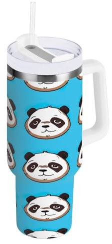 RPLIFE Bonito vaso de oso panda azul de 40 onzas con asa y popote, vaso de café de acero inoxidable, vasos aislados