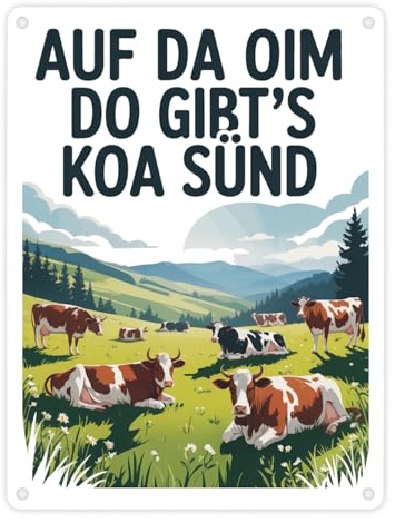 Auf da Oim, do gibt's koa Sünd Metallschild in 15x20 cm Berglandschaft mit Kühen Lustige Alpen-Deko für Naturfreunde und Wanderliebhaber