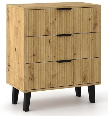 BDW - Kommode mit DREI Schubladen - Sideboard Wohnzimmer Scandi - für Schlafzimmer, Kinderzimmer, Jugendzimmer, Flur - aus Solider laminierter Möbelplatte - Eiche Artisan