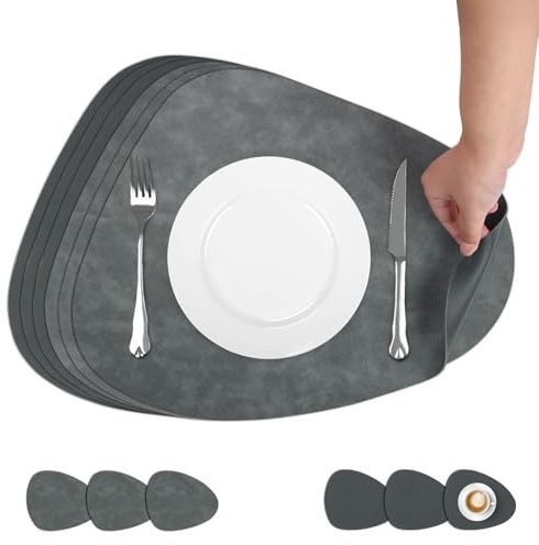 comfoyar Tischsets und Untersetzer Leder Oval 6er Set, rutschfeste Doppelseitigen Platzsets Abwaschbar, Wasserdicht Platzdeckchen für Küche, Esszimmer Partytisch Dekoration (Grau 33 x 42cm)