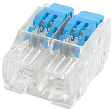 LumenEco 2-Conductor Reusable Electrical Wire Lever Cable Connectors, 4mm Compact Push-In Splicing Terminal Blocks for Solid and Stranded Wires, Easy Lock, Safe, UK Standard – Blue & Clear (1)